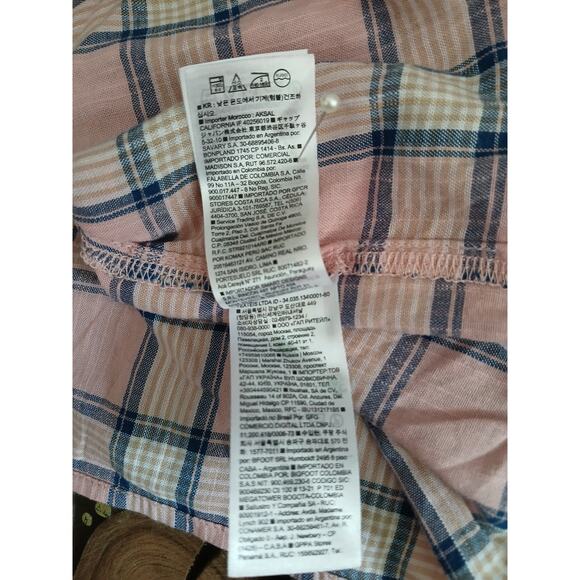 GAP Plaid Gathered Blouse Puff Sleeve Pink Blue White Button Front Top Large - Picture 10 of 12